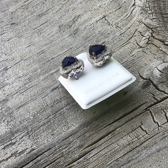 925 Heart-Shaped Sterling Silver Earrings with Blue Stones NWOT